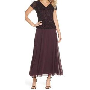 Pisarro Nights Long Mock 2-Piece Beaded Dress with Double V-neck  Sz 14 Wine